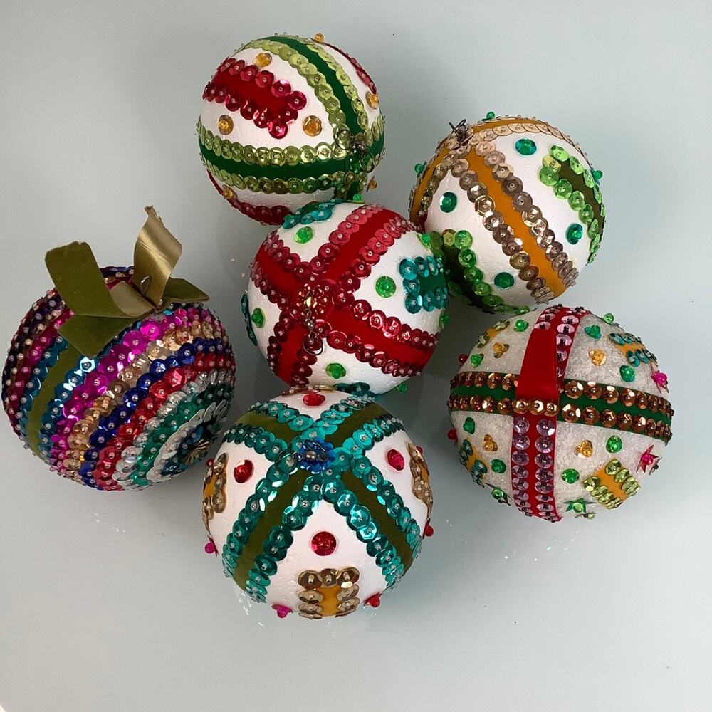 Vintage Push Pin Beaded Sequin large 4” Ball Sphere Ornaments lot of 6 EUC